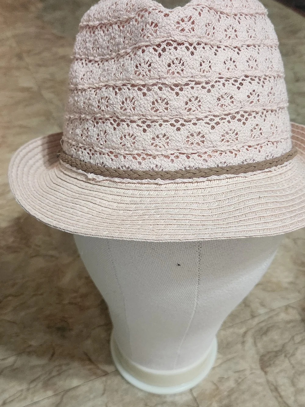 Girls Pink Crochet Fedora Hat with Braided Trim